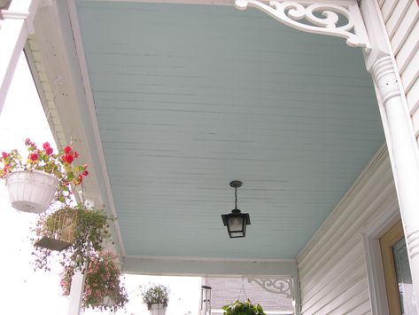 haint blue victorian porch ceiling (paint: martha stewart's aegean blue) Ceilings Painted, Haint Blue Porch Ceiling, Blue Porch Ceiling, Blue Porch, Blue Ceiling, Porch Stairs, Victorian Porch, Porch Paint, Haint Blue