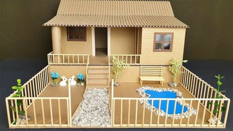 House With Cardboard, Cardboard Houses For Kids, Popsicle Stick Crafts House, Diy Para A Casa, Popsicle Stick Houses, Pola Kotak, Popsicle Crafts, Cardboard Box Crafts, Cardboard House