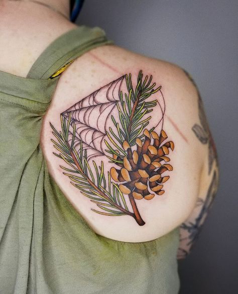 Neotraditional Pinecone Tattoo, Chicken Of The Woods Tattoo, Fall Nature Tattoo, Leg Nature Tattoo, Tattoos Body Positivity, Positivity Tattoos, Vermont Tattoo, Traditional Nature Tattoo, Nature Themed Tattoos