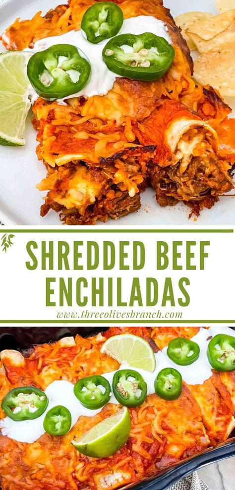 Beef Enchiladas Corn Tortillas, Roast Beef Enchiladas, Chuck Roast Crock Pot Recipes, Chuck Steak Recipes, Shredded Beef Enchiladas, Shredded Beef Recipes, Crockpot Roast Recipes, Mexican Shredded Beef, Beef Enchilada Recipe