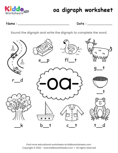 Free Printable oa digraph worksheet - kiddoworksheets Words With Oa Sound, Oa Vowel Team Worksheets, Diagraphs Kindergarten Free, Ow Phonics Worksheets, Oa Digraph Worksheets, Oa Phonics Worksheet, Oa Sound Worksheets, Oa Words Worksheet, Th Sound Worksheet