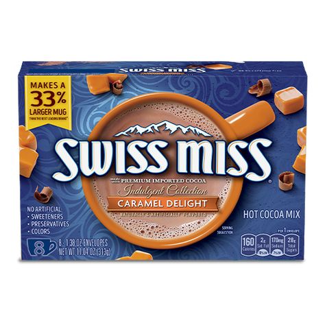 Indulgent Collection | Swiss Miss Swiss Hot Chocolate, Warm Drinks Recipes, Caramel Delights, Cocoa Drink, Instant Breakfast, Hot Cocoa Mix, Swiss Miss, Candy Club, Chilly Morning