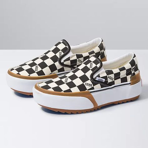 Checkerboard Slip-On Stacked | Shop Classic Shoes At Vans Platform Vans Outfit, Vans Slip On Platform, Fancy Footwear, Platform Vans, Vans Outfit, Checkered Vans, Vans Checkerboard, Air Shoes, Breakfast Sweets