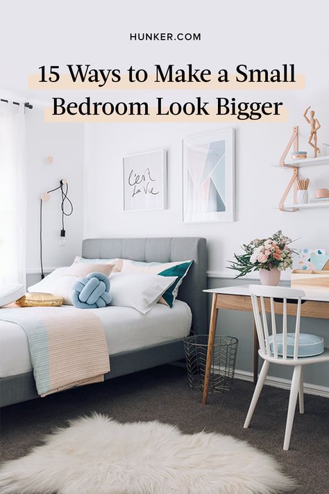 Even if your space is barely large enough for your bed, we have 15 cool ideas that will make your bedroom look and feel bigger. #hunkerhome #bedroom #smallbedroom #smallbedroomideas Bed Against Wall, Small Double Bedroom, Small Bedroom Style, Ideas Armario, Very Small Bedroom, Narrow Bedroom, Student Bedroom, Small Bedroom Layout, Small Bedroom Decor