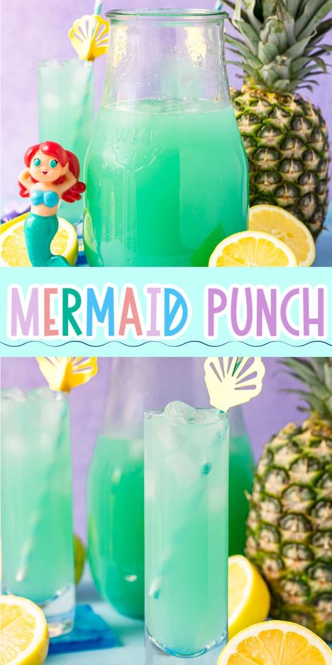 This fun mermaid punch is a blue non alcoholic drink that's perfect for an under the sea party! Mermaid Birthday Drink, Mermaid Non Alcoholic Drinks, Teal Punch Recipe Non Alcoholic, Birthday Party Punch Recipes Non Alcoholic, Mermaid Drinks Alcohol, Under The Sea Punch Recipe, Pool Party Drinks Non Alcoholic, Cute Summer Drinks For Kids, Mermaid Party Punch