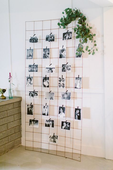 Photo Display Wall Wedding, Unique Photo Display Ideas For Party, Photo Display Party Ideas, Photo Display Wall For Party, Wedding Picture Timeline Photo Displays, Polaroid Pallet Display, Wedding Photos Decoration, Photos Display Ideas For Party, Photo Wall Ideas For Wedding