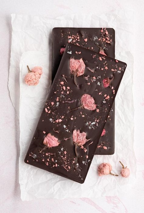 Cherry Blossom (Sakura) Dark Chocolate Bark | Sliced Ginger Dark Chocolate Bark, Chocolate Bar Molds, How To Temper Chocolate, Popsicle Crafts, Chocolate Flowers, Dark Chocolate Bar, Chocolate Nuts, Vegan And Gluten Free, Dried Cherries