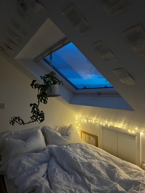 Attic Apartment Aesthetic, Attic Bedroom Skylight Roof Window, Room Inspo For Attic Room, Small Room Ideas Slanted Roof, Bunk Bed Attic Room, Bedroom Ideas Roof Slope, Skylight Window Bedroom, Room Ideas For Triangle Roof, Skylight Room Ideas