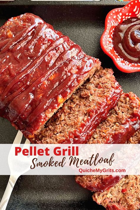 A black plate with smoked meatloaf with ketchup glaze on top, sliced four times, next to a small bowl of bbq sauce. Smoked Meatloaf On Pellet Grill, Ground Beef Smoker Recipes, Grilled Meatloaf, Smoked Meatloaf Recipe, Easy Smoker Recipes, Smoked Meatloaf, Pellet Smoker, Burger Seasoning, Smoked Food