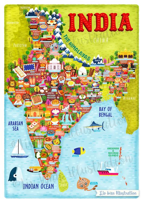 India Map Poster. India is a country I've wanted to illustrate for a long time but it's an incredibly complex country to illustrate as there are so many things to illustrate. India, unbeknownst to me, has 29 states, and I really wanted to try to include at least several things per state, so there's a tremendous amount of detail in this India Map. PRINTS This India Map Poster is printed on 210gsm or more premium luster photo papers. These papers are rich in colour and very archival. FRAMING For f Shillong, Map Of India, India Poster, Food Map, Map Puzzle, Asia Map, India Map, States Of India, India India