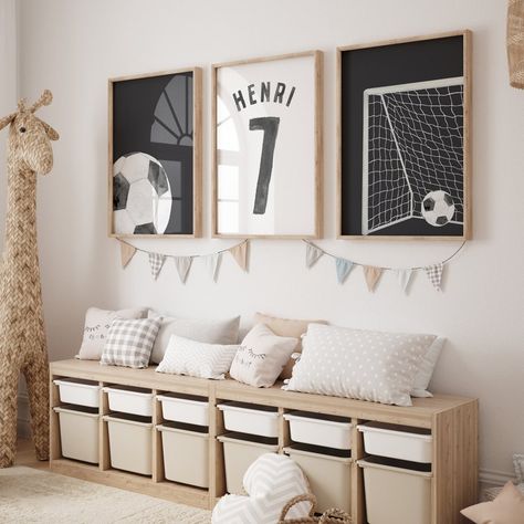 Soccer Wall Art, Boys Bedroom Decor, Soccer Prints, Set of 3, Sport Gift, Watercolor Artwork, Custom Name and Number, Digital Download - Etsy Football Theme Bedroom Ideas, Soccer Themed Nursery, Boy Soccer Room, Soccer Nursery Baby Boy, Soccer Kids Room, Soccer Bedroom Decor, Boys Soccer Bedroom, Soccer Themed Room, Soccer Themed Bedroom