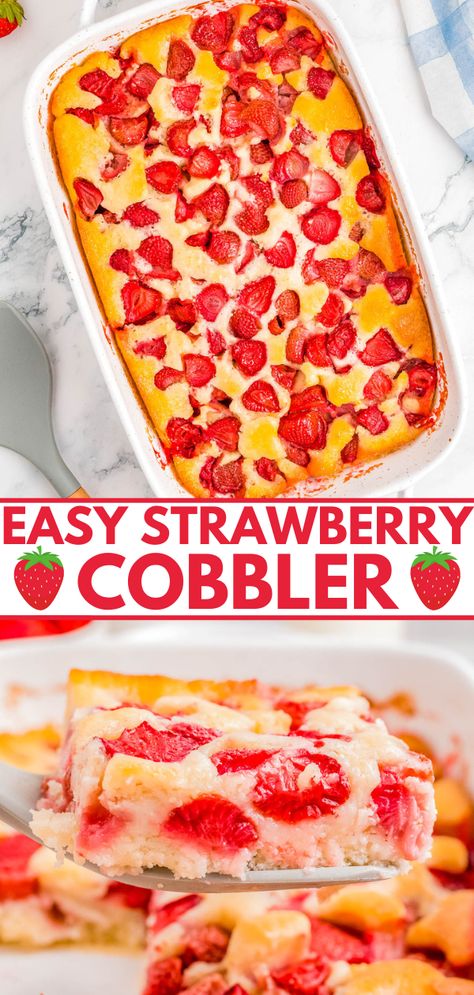 Quick and Easy Strawberry Cobbler — 🍓🙌🏻🍓 The EASIEST strawberry cobbler ever with this no-mixer quickie dessert recipe that takes advantage of fresh strawberries! No eggs and just 7 basic ingredients to make this soft and tender cobbler that's ready in 1 hour. PERFECT for casual entertaining, parties, picnics, and potlucks! You can use other types of fresh fruit if desired.'s ready in 1 hour. PERFECT for casual entertaining, parties, picnics, and potlucks! You can use other types of fresh fr Dessert Recipes Using Fresh Strawberries, Can Strawberry Desserts, No Bake Strawberry Recipes, Easy Dessert Recipes With Strawberries, Strawberry Cobbler Recipe Easy, Easy Desserts With Strawberries, Strawberry Easy Dessert, Fruit Cobbler Recipes Easy, Strawberry Desserts Easy Quick