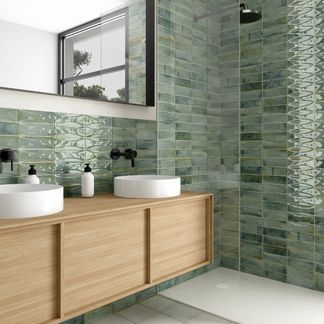 Luxury Bathroom Tiles - Tile Mountain Two Colour Tiles Bathroom, Green Bathroom Wall Tiles, Colourful Tiles Bathroom, Green Metro Tiles Bathroom, Colour Bathroom Ideas, Colourful Bathroom Tiles, Light Green Tile Bathroom, Light Green Bathroom Ideas, Bathroom Light Green