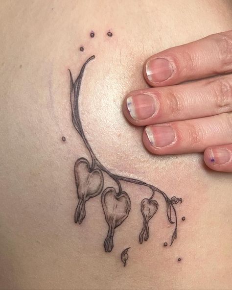 String Of Hearts Tattoo, Blooming Tattoo, Cute Heart Tattoos, Delicate Tattoo Ideas, Stick N Poke Tattoos, Buttercup Tattoo, Under Breast Tattoo, Heart Flower Tattoo, Bloom Tattoo