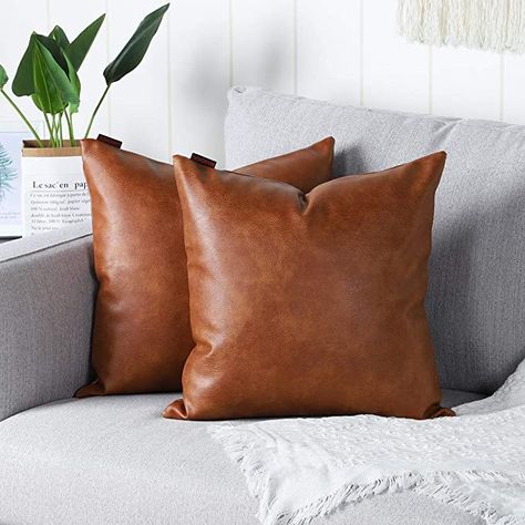 Mandioo Set of 2 Faux Leather Decorative Throw Pillow Covers Modern Solid Outdoor Cushion Cases Luxury Pillowcases for Couch Sofa Bed 22x22 Inches Brown : Home & Kitchen Euro Pillow Covers, Leather Throw Pillows, Living Room Cushions, Big Pillows, Luxury Throws, Geometric Throw Pillows, Leather Pillow, Leather Cushion, Decorative Cushion Covers