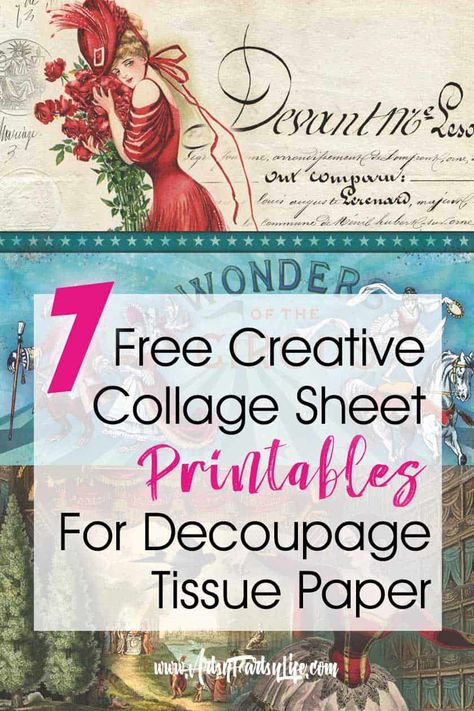 7 Free Creative Collage Sheet Printables For Decoupage Tissue Paper - I made these prints sheets for tissue paper when I was doing my decoupage boxes project! I couldn't find any good ideas or vintage templates so I did my own. Please free to use any collage sheet for your personal retro projects, just do not resell in whole or as a finished project. Decoupage Paper Free, Free Craft Supplies, Decoupage Paper Printable, Decoupage Boxes, Creative Collage, Decoupage Tutorial, Decoupage Printables, Paper Artsy, Decoupage Tissue Paper