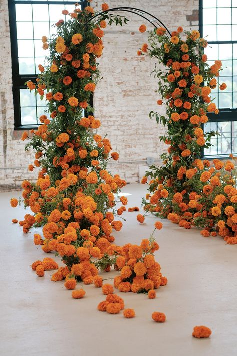 Floral wedding altar at Foreland, the Hudson Valley's premier wedding venue in Upstate New York. Marigold Wedding, Dia De Los Muertos Decorations Ideas, Neon Jungle, Havana Nights, Mehndi Decor, Spanish Wedding, Marigold Flower, Future Wedding Plans, Mexican Wedding