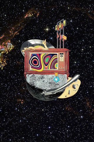 A collage showing a woman lying on a television / record player hybrid in outer space. Eugenia Loli Kurt Schwitters, Critical Analysis, Media Studies, Mass Media, Visual Culture, Light Of The World, Collage Artists, Traditional Paintings, Visual Content