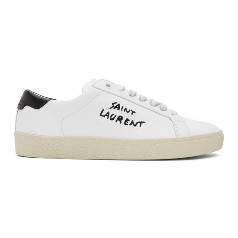 SAINT LAURENT SAINT LAURENT WHITE CALFSKIN COURT CLASSIC SNEAKERS. #saintlaurent #shoes Espadrille Sneakers, Embroidered Leather, White Leather Sneakers, Leather High Tops, Black Heel, Saint Laurent Shoes, Leather Trainers, Ulzzang Fashion, Perforated Leather