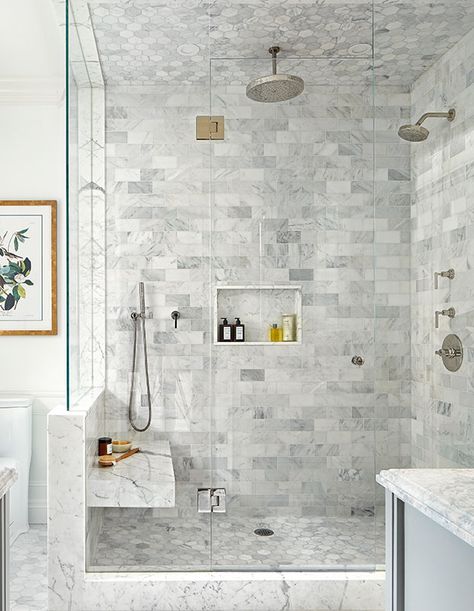 House & Home - Erin Feasby Designs A French-Inspired Bathroom Parisian Bathroom French Style, French Inspired Bathroom, Parisian Bathroom, Parisian Hotel, Bathroom Big, Hexagon Mosaic Tile, Best Bathroom Designs, Contemporary Bathroom Designs, Tub Tile