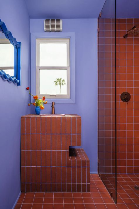 Yellow Bathroom Walls, Colored Grout, Vibrant Bathroom, Bathroom Wall Colors, Bathroom Upstairs, Coloured Grout, Terracotta Tile, Yellow Bathrooms, Bathroom Color