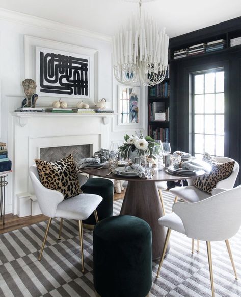 Home Crush: Kristin Jackson’s Home Makeover! — Sam Cram Design Dining Table Top Decor, Brown Round Dining Table, Dining Table For 4 People, Interior Dining Room, Round Dining Table For 4, Dining Table For 4, Hunted Interior, Brass Chair, Dining Table Sale