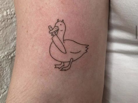 Goose Holding A Knife Tattoo, Small Funny Animal Tattoos, Cute Animal With Knife Tattoo, Goose Knife Tattoo, Duck Holding Knife Tattoo, Cartoon Duck Tattoo, Silly Tattoos Funny, Animals With Knives Tattoos, Funny Duck Tattoo