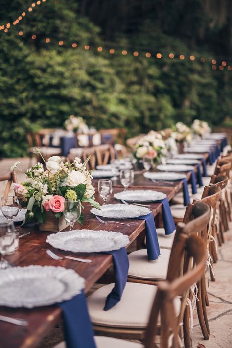 Rustic Romantic Navy and Blush Place Settings | Richard Bell Photography Wedding Ideas Navy Blue And Blush, Navy And Blush Wedding Table Settings, Blush Pink And Navy Blue Wedding Tables, Navy Place Setting, Navy Linen Wedding Table, Navy Weddding Tables, Blue And Blush Wedding, Best Wedding Colors, Gold Wedding Colors