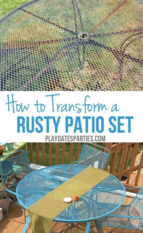 Don't throw away that old rusty outdoor furniture! Find out how to paint rusted metal furniture to make it like new again! Painting Metal Outdoor Furniture, Painting Rusted Metal, Outdoor Furniture Makeover, Metallic Painted Furniture, Patio Furniture Makeover, Iron Patio Furniture, Wrought Iron Patio Furniture, Metal Outdoor Furniture, Metal Patio Furniture