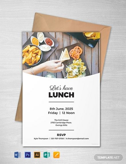 FREE Simple Lunch Invitation Template - Word | PSD | InDesign | Apple Pages | Publisher | Template.net Get Together Invitation Friends, Free Invitation Templates Download, Lunch Invitation Template, Lunch Invitation, Wedding Lunch, Simple Lunch, Dinner Invitation Template, Food Background, Birthday Lunch