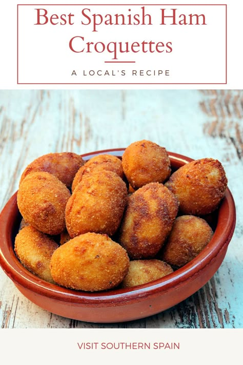 Do you want to try a Spanish Ham Croquettes Recipe? Here's our recipe for one of the most famous Spanish appetizers, the croquetas de Jamon. While visiting Spain, it's almost impossible not to eat them since they are served in every bar or supermarket in the country. The Spanish ham croquettes recipe is incredibly easy to make and requires very few ingredients yet, you'll make the tastiest Spanish tapas ever. #spanishhamcroquettes #spanishcroquettes #hamcroquettes #serranocroquettes Spanish Croquettes Recipe, Spanish Salmon, Veggie Croquettes, Ham Croquettes Recipe, Spanish Croquettes, Shrimp Croquettes, Shrimp Tapas, Croquette Recipe, Spanish Shrimp