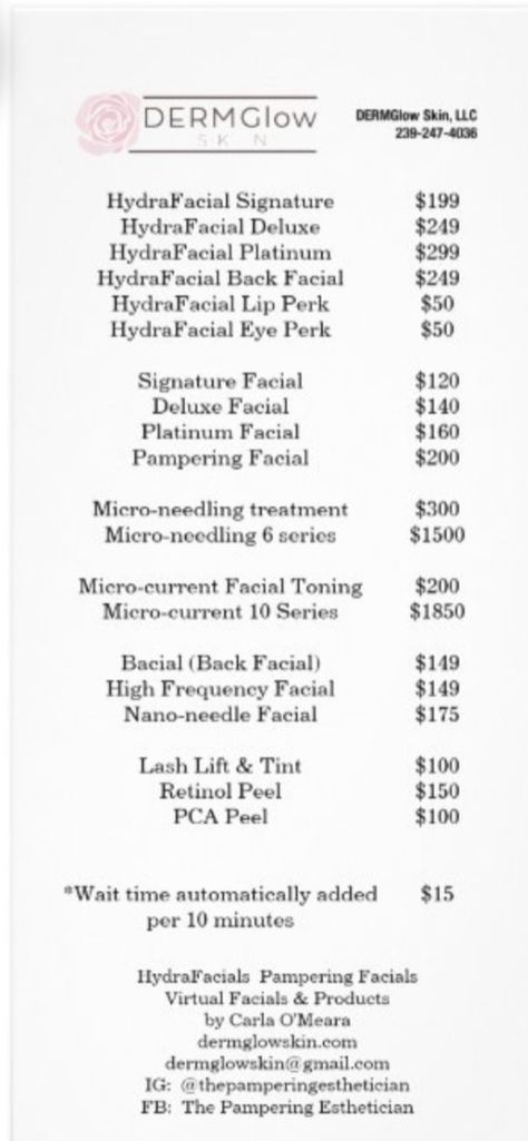 Esthetics Service List, Aesthetician Room Decor Luxury, Esthetician Price List Ideas, Medical Spa Services, Beauty Services List, Esthetician Mission Statement Examples, Esthetician Price List Template, Esthetician Facial Price List, Med Spa Services