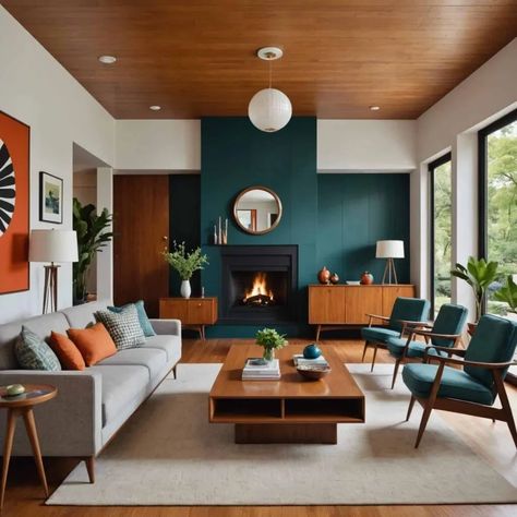 Mid Century Modern Living Room Dark Floors, Board And Batten Wall Mid Century Modern, American Mid Century Interiors, Mcm Living Room Small, Teal Mid Century Modern Living Room, Coloured Living Room Ideas, Mid Century Modern Living Room Decor Colour Schemes, Mcm Inspired Living Room, Midcentury Modern Color Palette Living Room