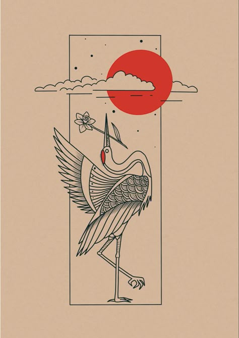 Japanese Crane Drawing, Crane Tattoo Japanese, Japanese Crane Tattoo Design, Hanafuda Tattoo, Japanese Crane Tattoo, Crane Illustration, Traditional Japanese Tattoo Flash, Red Tattoo Ideas, Art Deco Tattoo