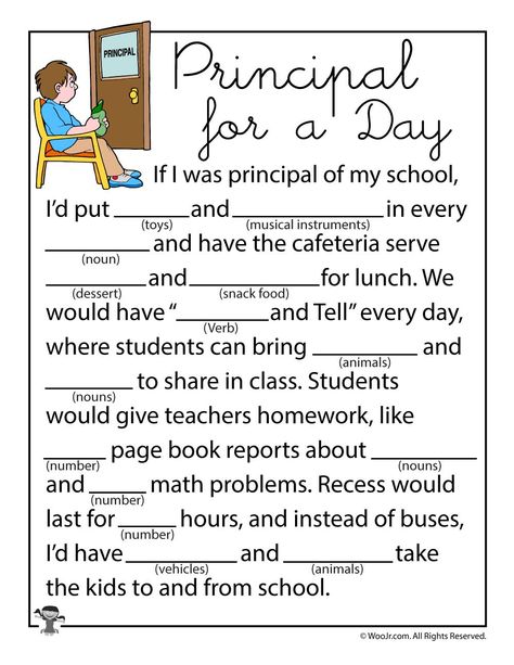 Principal for a Day Mad Lib Worksheet Principal’s Month Ideas, Teacher Mad Libs, Elementary End Of Year Activities, Bosses Day Principal, Back To School Mad Libs, Principal For The Day Ideas, Principal For A Day Ideas, Principals Day Ideas Elementary Schools, Holiday Mad Libs For Kids