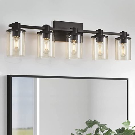 Modern Bathroom Vanity Lights, Vanity Lighting Over Mirror, Black Bathroom Light Fixtures, Modern Farmhouse Black, Bathroom Industrial, Modern Bathroom Light Fixtures, Black Bathroom Light, Mirror Hallway, Bathroom Recessed Lighting