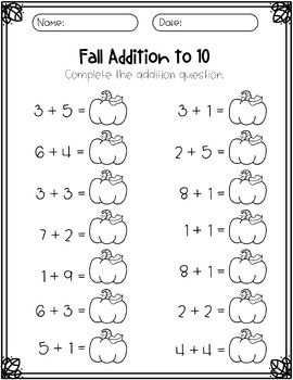 Fall addition within 10 worksheet | Adding within 10 | TPT First Grade Math Homeschool, Fall Homeschool Worksheets, Adding Within 10, Fall Math Worksheets Preschool, Addition 1-10 Worksheets, 2nd Grade Worksheets Math, 1st Grade Addition Worksheets, Fall Homeschool Activities 1st Grade, Fall Activities For 1st Grade