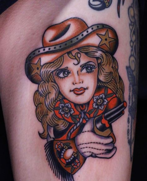 Neo Traditional Western Tattoo, Neo Traditional Cowgirl Tattoo, Traditional Tattoos Cowgirl, American Traditional Cowgirl Tattoo, American Traditional Western, American Traditional Cowgirl, Traditional Girl Tattoo, Cowgirl Tattoos Traditional, Traditional Cowgirl Tattoo