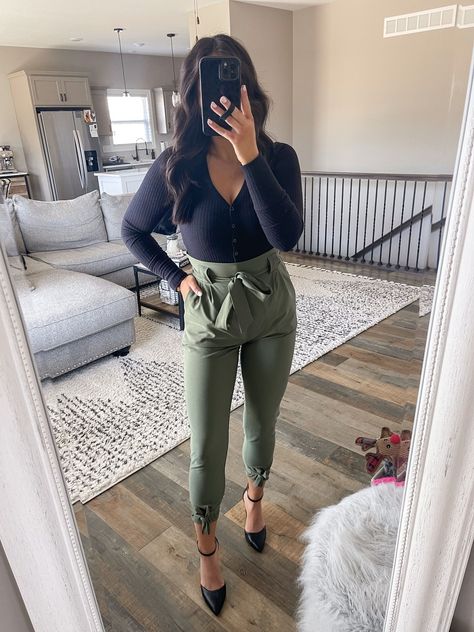 Olive Green Pants Outfit Work, Paperbag Pants Outfit, Olive Green Pants Outfit, Outfits For The Office, Black Heels Outfit, Young Professional Outfits, Pants Outfit Work, Green Pants Outfit, What To Wear To Work