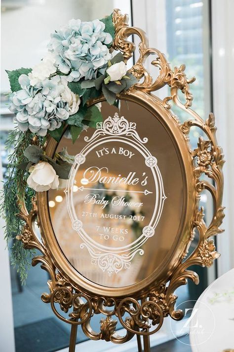 Bridgerton Theme Baby Shower Ideas, Mirror Baby Shower Sign, Formal Baby Shower Ideas, Baby Shower Mirror Sign, Bridgerton Baby Shower Theme Boy, Old Money Baby Shower Theme, Elegant Baby Shower Ideas For Boys, Vintage Baby Shower Ideas, Victorian Baby Shower