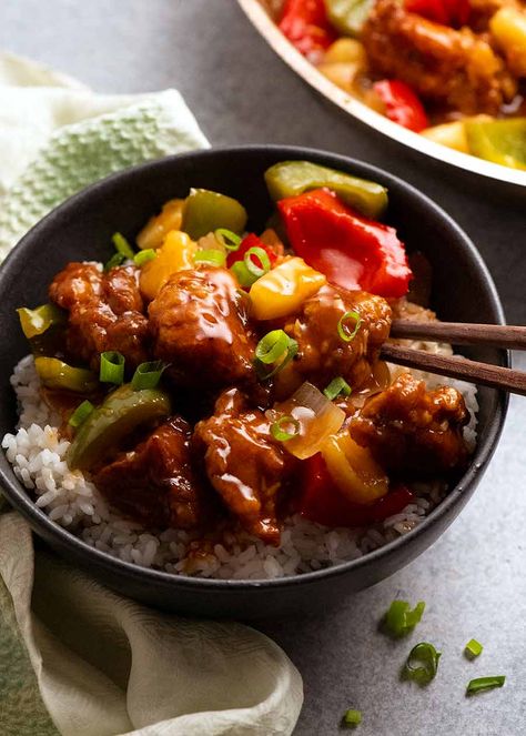 Classic Sweet & Sour Pork | Recipe Tin Eats ~ Crisp-coated bites of marinated pork are first double-fried. Onions, garlic, ginger, bell peppers, & pineapple are then briefly stir-fried, the sauce is added, & the pork mixed back in at the very end. The signature sauce for this dish is not too sweet. #Asian Sweet Sour Pork Recipe, Sweet And Sour Pork Recipe, Sweet N Sour Pork Recipe, Sweet Sour Pork, Tin Eats, Pineapple Chicken Recipes, Vegetarian Oyster Sauce, Recipetin Eats, Recipe Tin