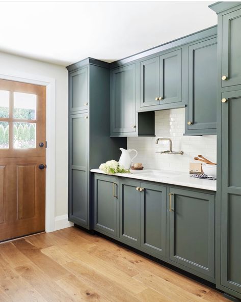 Pewter green by sherwin williams Pewter Green Kitchen Cabinets, Pewter Green Kitchen, Em Henderson, Pewter Green, Green Kitchen Cabinets, Green Cabinets, White Countertops, Green Kitchen, Küchen Design