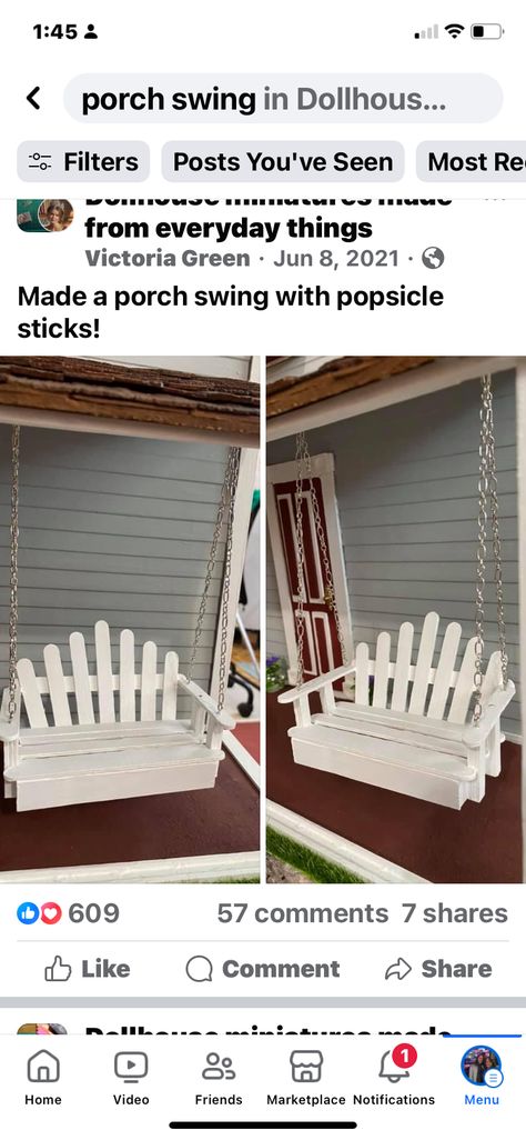 Dollhouse Patio Ideas, Dollhouse Porch, Dollhouse Patio, House Makeover, Modern Dollhouse, Popsicle Stick, Popsicle Sticks, Patio Ideas, Porch Swing