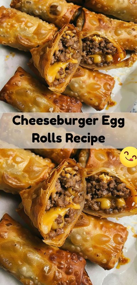 Cheeseburger Egg Rolls are a delicious snack with crispy wrappers and savory beef filling. Perfect for any gathering! Recipes Using Egg Roll Wrappers, Cheeseburger Egg Rolls Recipe, Cheeseburger Egg Rolls, Egg Rolls Recipe, Egg Roll Recipes, Appetizers Easy Finger Food, Best Appetizer Recipes, Egg Roll, Egg Rolls