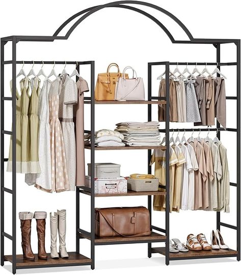 Amazon.com: DWVO Heavy Duty Clothes Rack with Storage Shelves, Closet Organizer System for Hanging Clothes, 4-Tier Garment Rack Wardrobe with 3 Hanging Rods and 6 Shelves, Black : Home & Kitchen Stand Up Closet, Storage Shelves Closet, Spare Room Walk In Closet, Boutique Clothing Rack, Shelves Closet, Clothing Rack Bedroom, Rack Wardrobe, Closet Storage Systems, Closet Rack