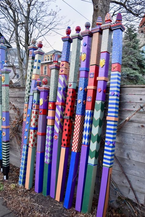 Garden Totem, Unique Garden Art, Art Pole, Painted Post, Garden Totems, Garden Poles, Garden Posts, Fence Art, Garden Whimsy