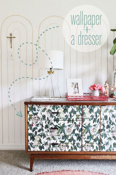 Spice up an old or worn dresser with removable wallpaper. Nightstand With Wallpaper, Dresser Makeover With Wallpaper, Wallpaper On Dresser Drawers, Dresser With Contact Paper, Wallpaper Dresser Drawers, Wallpaper On Dresser, Indy Room, Wallpaper On Furniture, Wallpaper Dresser