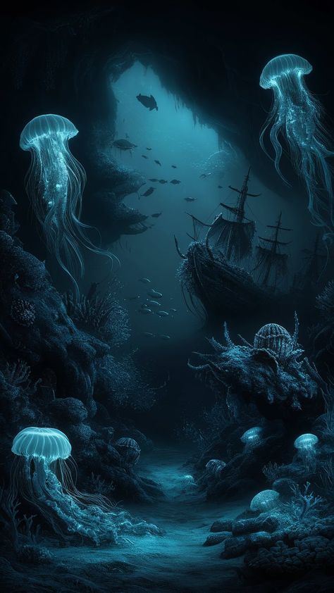 Immerse yourself in the haunting beauty of the deep sea with our latest dark-themed ocean wallpaper. This ethereal underwater scene is bathed in moody, deep blue hues, descending into almost-black, mysterious abyssal waters. Illuminated jellyfish with trailing luminescent tentacles float gracefully among ghostly shipwrecks encrusted with barnacles. Shadowy schools of fish dart through the scene, while the textured ocean floor reveals scattered corals, seaweed, and hints of lost treasures. Soft, bioluminescent glows emanate from various sea creatures and plants, casting an eerie, magical light that contrasts against the pitch-dark surroundings. Dive into this mysterious and wondrous world, where every detail invites you to explore the enigmatic depths of the ocean. Under The Water Wallpaper, Light And Dark Contrast Art, Magical Ocean Aesthetic, Sea Witch Wallpaper, Deep Water Creatures, Deep Sea Landscape, Dark Ocean Themed Bedroom, Ocean Grunge Aesthetic, Deep Blue Sea Aesthetic