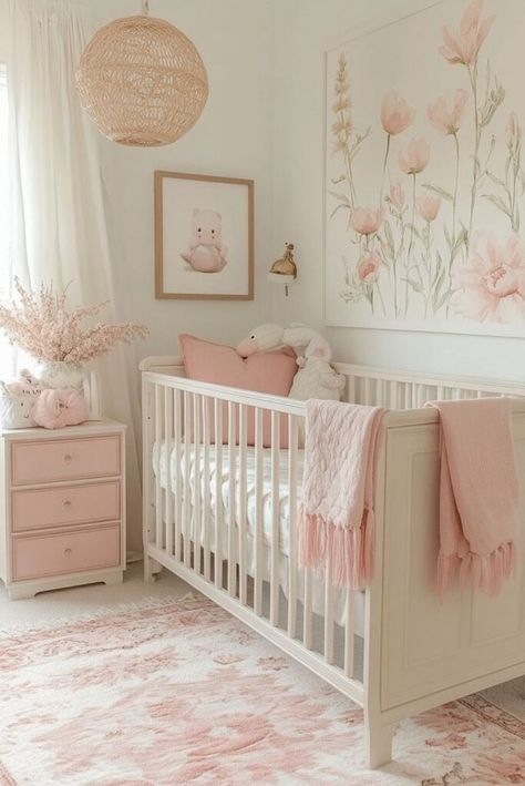 Small Pink Nursery Ideas, Blush Rose Nursery, Light Peach Nursery Walls, Girl Baby Bedroom Ideas, Toddler Baby Girl Room, Pink And White Nursery Walls, Cute Pink Nursery, Sloped Ceiling Nursery Ideas, Pastel Colors Nursery