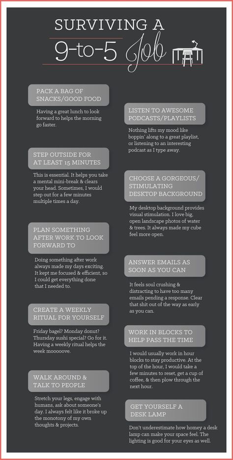 10 Little Tricks That Make A 9-to-5 Day At The Office Fly By http://thefinancialdiet.com/10-little-tricks-that-make-a-9-to-5-day-at-the-office-fly-by/?utm_content=buffer3b0d8&utm_medium=social&utm_source=pinterest.com&utm_campaign=buffer via The Financial Diet Work Hack, Work Advice, Job Advice, Desk Job, Work Skills, Work Routine, Office Job, Job Interview Tips, Day At The Office